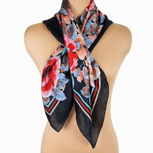 Fashion Scarf Floral Red Blue Colorful Elegant Artistic Flowers Classic 32x32 - Picture 2 of 8